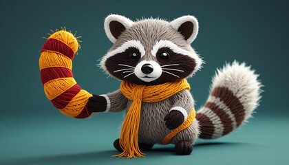 An imaginative yarn raccoon with a mask and bushy tail, capturing the spirit of adventure in a cute and playful design, Generative AI