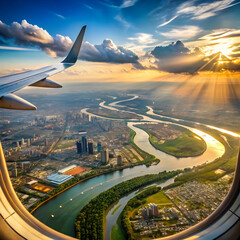 a view of a city from an airplane with a river