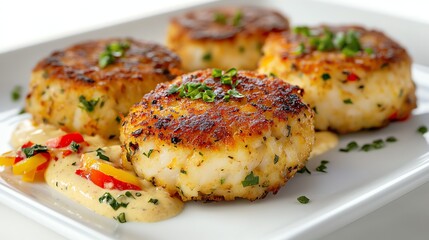 Crab cakes with lemon and a sauce.