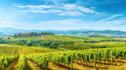 Fototapeta premium A breathtaking view of the lush vineyards of Tuscany with rolling hills and quaint farmhouses under a clear blue sky, pastoral setting with warm, earthy tones