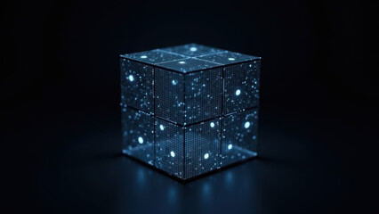 The image depicts a 3D cube with illuminated surfaces, creating a captivating light display.