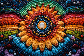 Obraz premium A vibrant, artistic design featuring a sunflower motif, embellished with colorful beads and intricate patterns, creating a stunning visual effect.