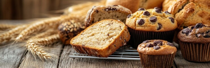 A close-up of freshly baked bread, cookies, and muffins on an old wooden table with wheat stalks in the background