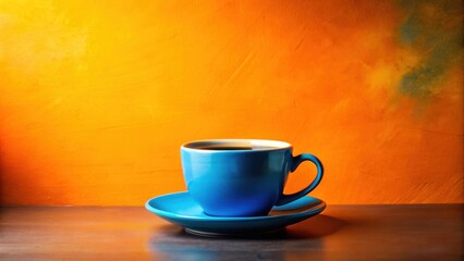 Obraz premium A solitary blue coffee cup sits on a saucer against a vibrant orange backdrop, inviting a moment of quiet contemplation.