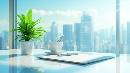 Modern Workspace with Green Plant and Coffee Cup