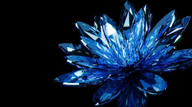 青いガラス細工の睡蓮の花　アップ　回転　アルファチャンネル　ループ
