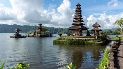 A breathtaking view of the majestic temples and serene lakes of Bali with traditional Balinese architecture and lush surroundings, temple setting with rich greens and soft blues, Balinese style