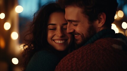 Fototapeta premium A young couple embraces under the soft glow of Christmas lights. Their faces are lit up with happiness.