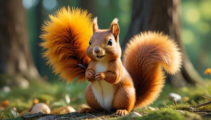Obraz premium A lovely amber squirrel with a bushy tail and curious expression, adding a playful and charming element to woodland-themed decorations, Generative AI