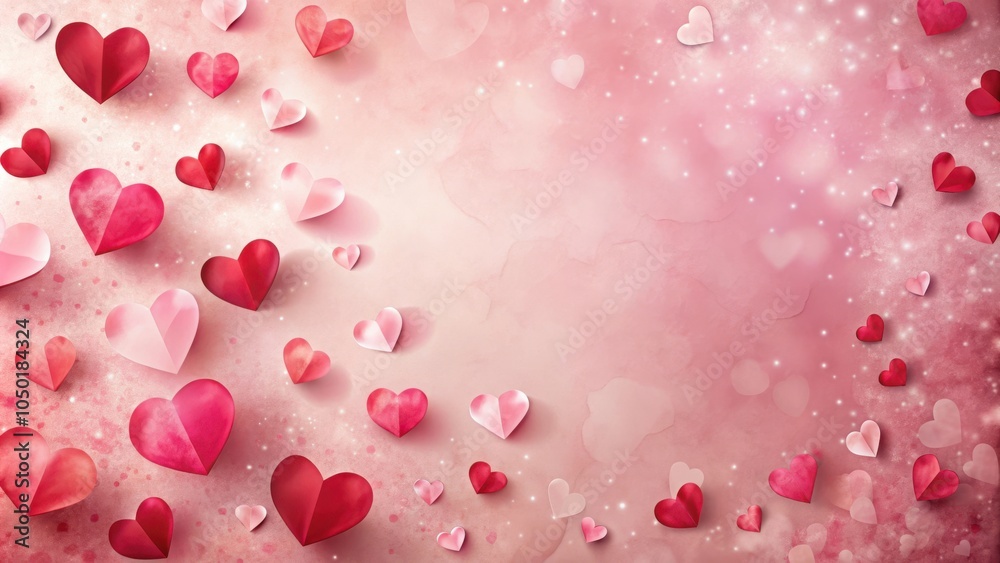 Aufkleber a delicate scattering of pink and red paper hearts on a soft, light pink background, with a subtle, 