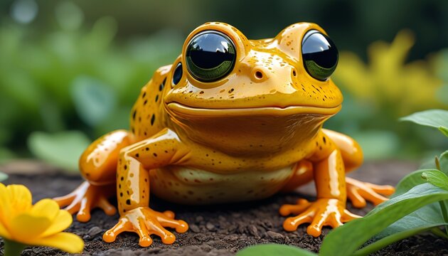A charming amber frog with bulging eyes and a playful expression, bringing a fun and vibrant element to garden decor or children's spaces, Generative AI