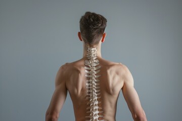 Young man standing with a healthy spine model on his back