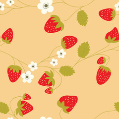Seamless pattern with strawberry on color background. Natural delicious fresh ripe tasty fruit. Vector illustration for print, fabric, textile, banner, other design. Food concept.