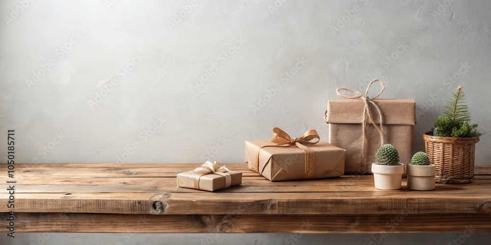Poster gifts wrapped in brown paper and tied with twine and ribbon sitting on a rustic wooden shelf