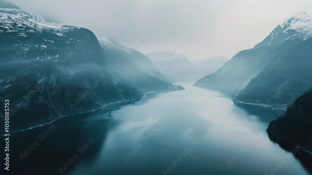Poster a breathtaking view of the serene fjords and towering mountains of norway with misty mornings and ca