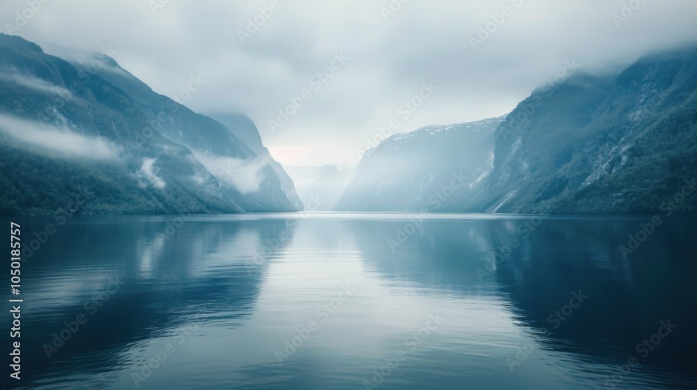 Poster a breathtaking view of the serene fjords and towering mountains of norway with misty mornings and ca