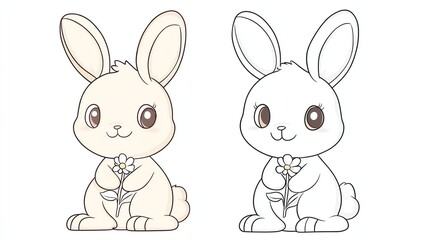 A cute cartoon bunny holding a flower, in both color and outlined versions.
