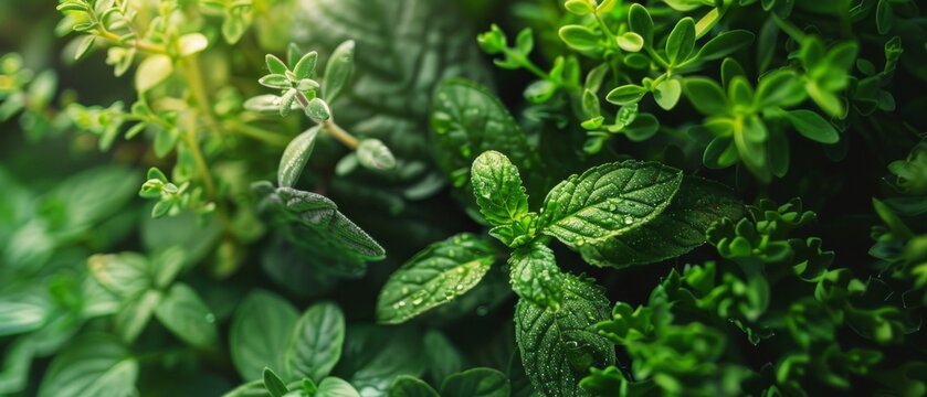 An image of fresh herbs - thyme, rosemary, mint - with water droplets, sunlight, and a blurry background conveys serenity and nature's beauty.