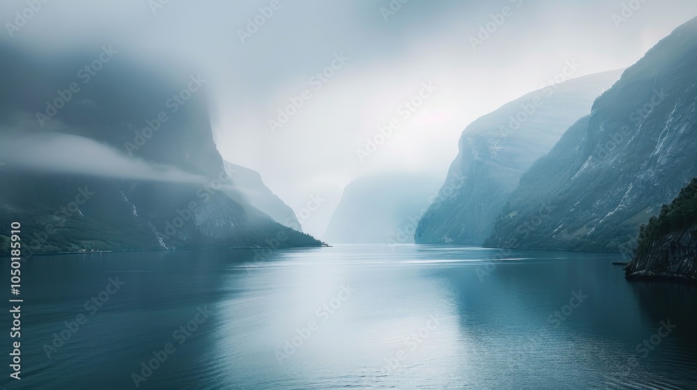 Poster a breathtaking view of the serene fjords and towering mountains of norway with misty mornings and ca