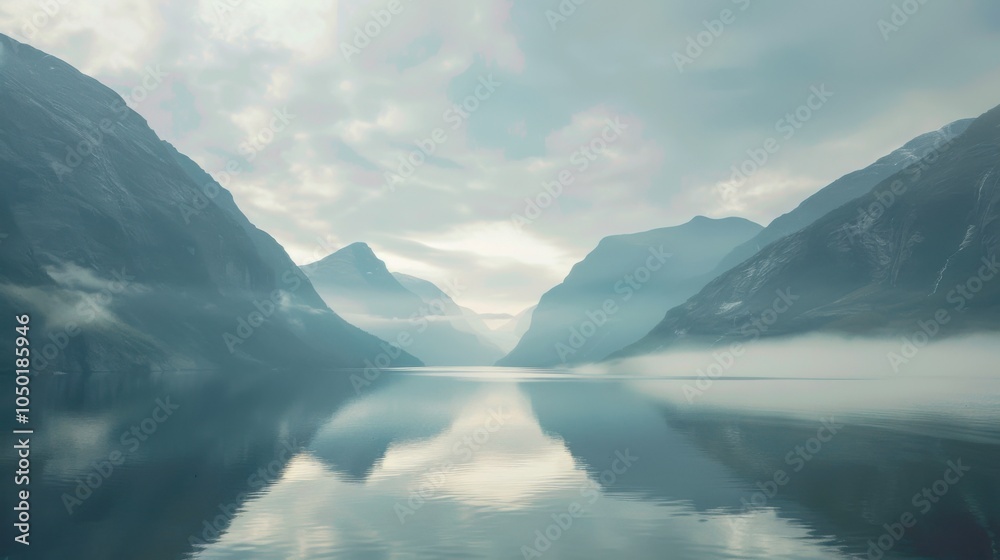 Poster a breathtaking view of the serene fjords and towering mountains of norway with misty mornings and ca