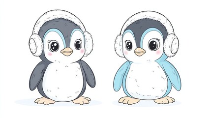 Two penguins with earmuffs, one in color and one outlined.