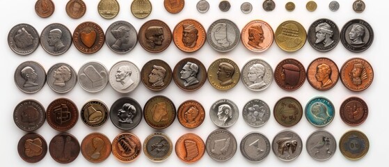 A display of 40 coins from different countries, arranged neatly in rows on a white background, showing various colors, sizes, and details.