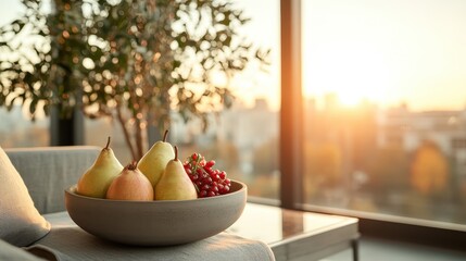 In a cozy corner, a fruit bowl filled with pears and red berries is bathed in golden morning light...