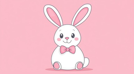 A cute cartoon bunny wearing a pink bow tie against a pink background.