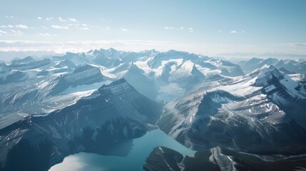A breathtaking view of the serene lakes and snow-capped peaks of the Canadian Rockies with clear blue skies and tranquil waters, alpine setting with cool blues and crisp whites, Canadian Rockies style