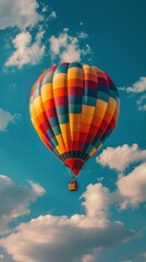 Obraz premium A vibrant hot air balloon with red, yellow, and blue stripes floats in a serene blue sky dotted with white clouds, creating a beautiful scene.