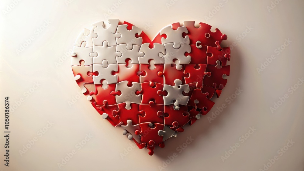 Poster a red and white heart shaped jigsaw puzzle, a symbolic representation of love, connection, and the c
