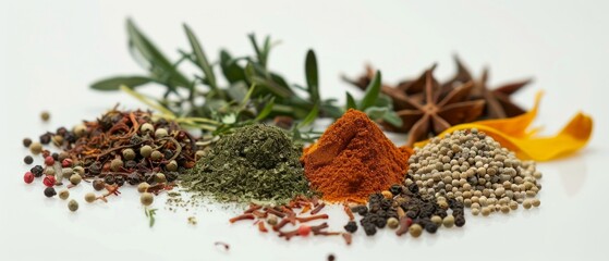 A vibrant mix of spices and herbs displayed on a white surface, showcasing rich colors and textures, creating a visually appealing assortment.