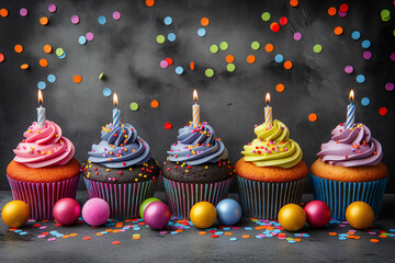 Festive night wallpaper with colorful falling confetti and five birthday cakes on black background. Illustration. Celebration, party, holiday.