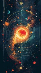 Obraz premium An abstract image of outer space with a glowing central celestial body, stars of various colors, colorful lines, and small planets.