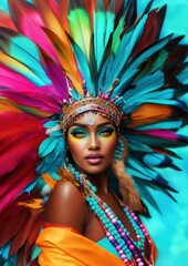 Une belle femme métisse portant une coiffe indienne colorée, décorée de perles et de plumes, avec un maquillage éclatant sur son visage.
