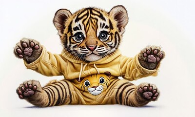 Adorable Tiger Cub Wearing Yellow Hoodie and Pajamas