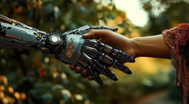 Une femme serrant une main de robot, symbolisant l'avenir et la technologie de l'Intelligence Artificielle.