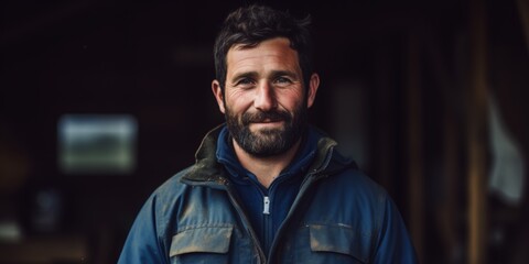 Obraz premium A portrait of a male farmer in overalls stands near his farm. Generative AI.