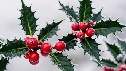 "A winter holly branch with bright red berries and dark green, spiky leaves