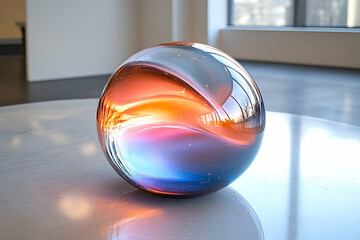 A vibrant, swirling glass orb showcases a dynamic blend of colors, reflecting light beautifully in a modern art setting.