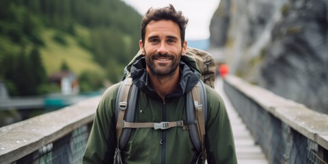 Obraz premium A male tourist stands on a mountain bridge in the Alps. Generative AI.