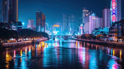 A bustling Asian cityscape with neon lights and high-rise buildings reflecting in a busy river, modern setting with vibrant nightlife, Urban style