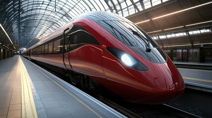 Fototapeta premium A sleek, modern train stopped at a station, representing urban commuting convenience and public transport advertising