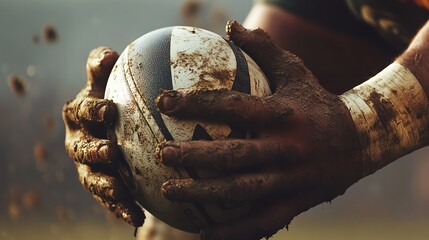 A close up of a muddy rugby player's hand holding the ball.