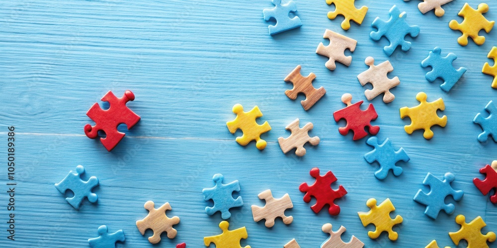 Poster colorful puzzle pieces on a blue wooden surface a visual representation of connection, unity, and pr