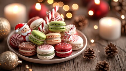 A plate of festive macarons featuring reindeer, candy cane, and Santa Claus designs, placed on a wooden table, surrounded by glowing candles, warm Christmas decor