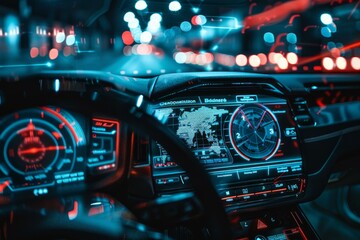 Futuristic car showing its navigation system and digital dashboard while driving through a city at night