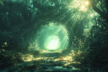 Fantasy forest pathway with archway and sunlight filtering through trees. Concept of magic and mystery in nature