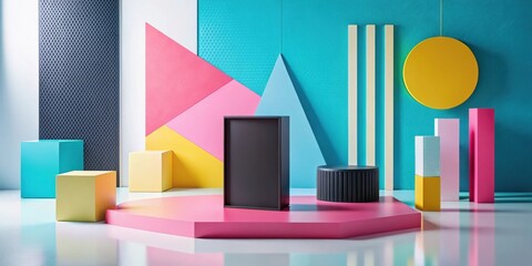 Fototapeta premium Geometric abstract composition featuring vibrant colors and a minimalist design, showcasing a black frame on a pink podium