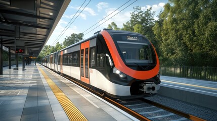 Fototapeta premium Clean, modern train on a station platform, representing efficient and accessible transportation for city commuting promotions